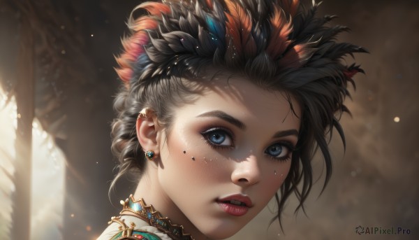 1girl,solo,looking at viewer,short hair,blue eyes,brown hair,black hair,hair ornament,jewelry,multicolored hair,earrings,parted lips,teeth,artist name,mole,blurry,lips,eyelashes,mole under eye,makeup,blurry background,piercing,sunlight,feathers,ear piercing,portrait,light particles,close-up,freckles,realistic,nose,red lips,stud earrings,feather hair ornament,dappled sunlight,mascara,choker,necklace,wind,gem,eyeshadow,eyeliner,nose piercing,eyebrow piercing