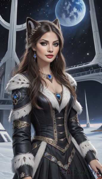 1girl,solo,long hair,breasts,looking at viewer,brown hair,long sleeves,dress,animal ears,cleavage,brown eyes,jewelry,medium breasts,standing,earrings,sky,cat ears,necklace,nail polish,black dress,lips,fur trim,makeup,moon,lipstick,gem,star (sky),pendant,starry sky,red lips,space,planet,earth (planet),parted lips,artist name,night,wolf ears,black nails,realistic