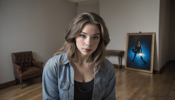 1girl,solo,long hair,breasts,looking at viewer,blue eyes,blonde hair,brown hair,shirt,cleavage,brown eyes,jewelry,medium breasts,closed mouth,collarbone,jacket,upper body,open clothes,indoors,necklace,open jacket,lips,black shirt,chair,parody,denim,freckles,pocket,wooden floor,realistic,reference inset,photo inset,denim jacket,makeup,wavy hair,table,lipstick,blue jacket,couch,red lips,painting (object)