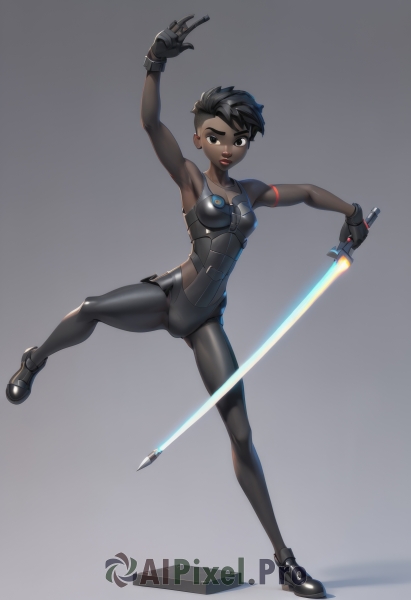 1girl,solo,breasts,looking at viewer,smile,short hair,open mouth,black hair,gloves,holding,brown eyes,jewelry,standing,collarbone,full body,weapon,earrings,small breasts,black gloves,sword,dark skin,fingerless gloves,armpits,grey background,holding weapon,armor,black eyes,dark-skinned female,lips,gradient,gradient background,bodysuit,holding sword,piercing,standing on one leg,lipstick,skin tight,stud earrings,undercut,very dark skin,energy sword,simple background,shoes,arm up,makeup,fighting stance,black bodysuit,very short hair,animification,cyborg