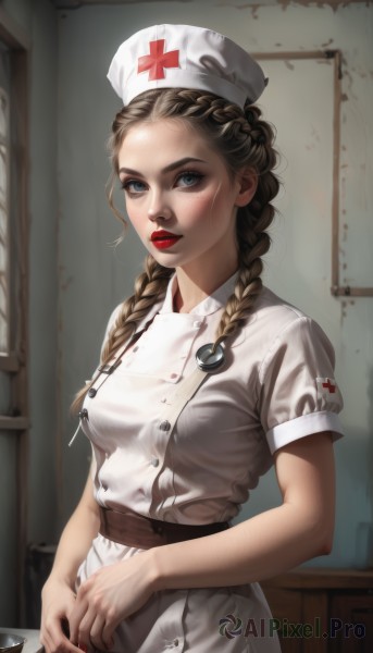 1girl,solo,long hair,breasts,looking at viewer,blue eyes,brown hair,hat,dress,medium breasts,upper body,braid,short sleeves,parted lips,puffy sleeves,belt,indoors,nail polish,white dress,twin braids,puffy short sleeves,lips,makeup,buttons,white headwear,cross,lipstick,hair over shoulder,red nails,forehead,freckles,realistic,nurse cap,red lips,nurse,stethoscope,red cross,blush,apron,nose