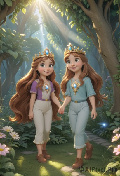 long hair,smile,open mouth,multiple girls,brown hair,shirt,2girls,brown eyes,jewelry,very long hair,flower,short sleeves,outdoors,shoes,day,belt,pants,artist name,necklace,looking at another,tree,holding hands,siblings,brown footwear,sunlight,grass,tiara,crown,plant,sisters,gem,child,nature,forest,walking,twins,light rays,purple shirt,sunbeam,dappled sunlight,dress,full body,teeth,aged down