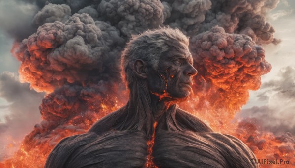 solo, 1boy, upper body, male focus, cloud, blood, facial hair, fire, beard, smoke, old, old man, burning