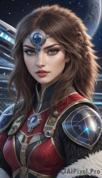 1girl,solo,long hair,breasts,looking at viewer,brown hair,brown eyes,jewelry,green eyes,upper body,parted lips,sky,armor,lips,fur trim,makeup,lipstick,shoulder armor,gem,star (sky),starry sky,freckles,science fiction,circlet,realistic,nose,red lips,space,planet,artist name,eyelashes,night,moon,night sky,pauldrons,headpiece