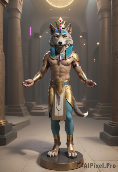 solo,looking at viewer,open mouth,1boy,navel,animal ears,jewelry,nipples,standing,tail,full body,yellow eyes,male focus,teeth,necklace,armor,bracelet,muscular,fangs,piercing,abs,wolf ears,crown,pectorals,muscular male,shoulder armor,bara,claws,wolf tail,pelvic curtain,furry,topless male,furry male,bare pectorals,pillar,egyptian,egyptian clothes,barefoot,black nails,armlet,anklet,bracer,grey fur