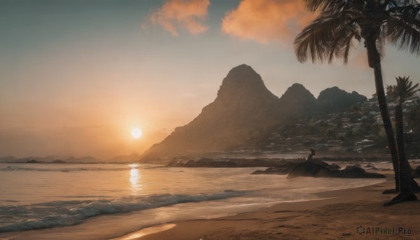 outdoors,sky,cloud,water,tree,no humans,shadow,ocean,beach,sunlight,cloudy sky,scenery,sunset,mountain,sand,palm tree,sun,horizon,shore,orange sky,reflection,rock,silhouette