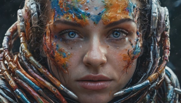 1girl, solo, looking at viewer, blue eyes, parted lips, lips, eyelashes, helmet, portrait, close-up, science fiction, realistic, nose, space, planet, earth (planet), spacesuit, space helmet, astronaut