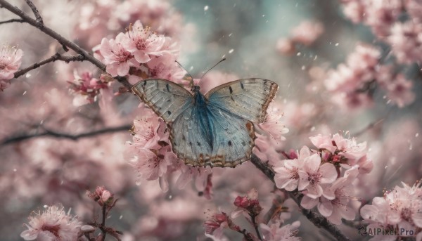 flower, outdoors, wings, day, blurry, tree, petals, no humans, depth of field, blurry background, bug, cherry blossoms, butterfly, scenery, pink flower, realistic, branch, butterfly wings, still life, spring (season)