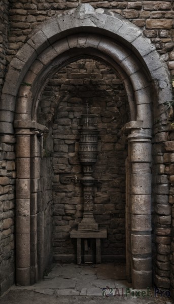 outdoors,day,no humans,plant,building,scenery,stairs,door,wall,ruins,brick wall,pillar,arch,pavement,stone floor,stone wall,architecture,statue,gate,column,brick,brick floor