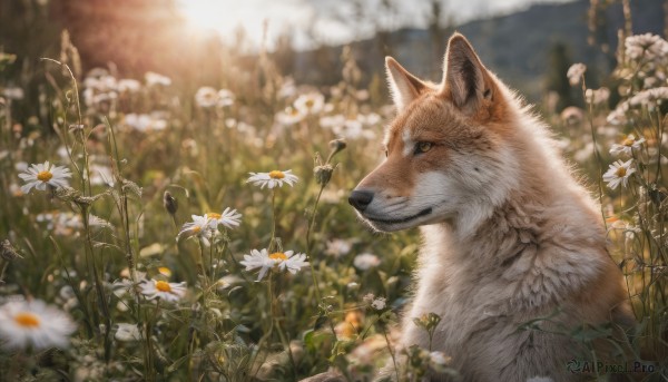 flower, outdoors, day, signature, blurry, no humans, depth of field, blurry background, animal, white flower, realistic, field, animal focus, wolf, daisy