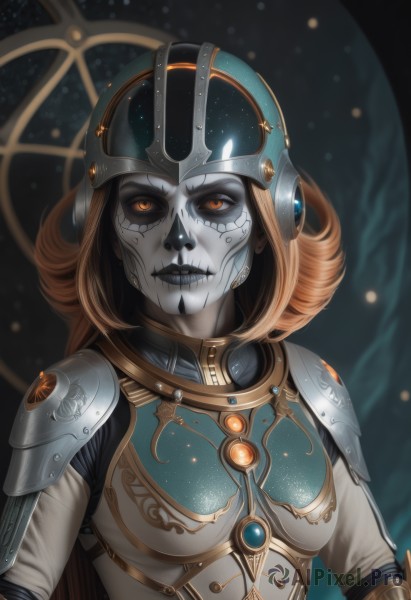 1girl,solo,long hair,breasts,looking at viewer,blonde hair,medium breasts,upper body,artist name,orange hair,armor,lips,orange eyes,makeup,mask,glowing,colored skin,helmet,shoulder armor,gem,colored sclera,pauldrons,breastplate,grey skin,black lips,gorget,boobplate,brown hair,lipstick,skull,black sclera,facepaint,undead