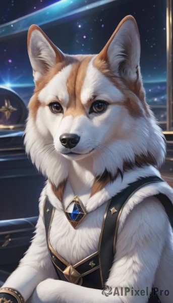 solo,looking at viewer,shirt,brown eyes,jewelry,upper body,sky,vest,no humans,window,night,animal,brooch,gem,star (sky),night sky,starry sky,dog,black vest,animal focus,white fur,blue gemstone,clothed animal,closed mouth,white shirt,animal ear fluff,space,shiba inu