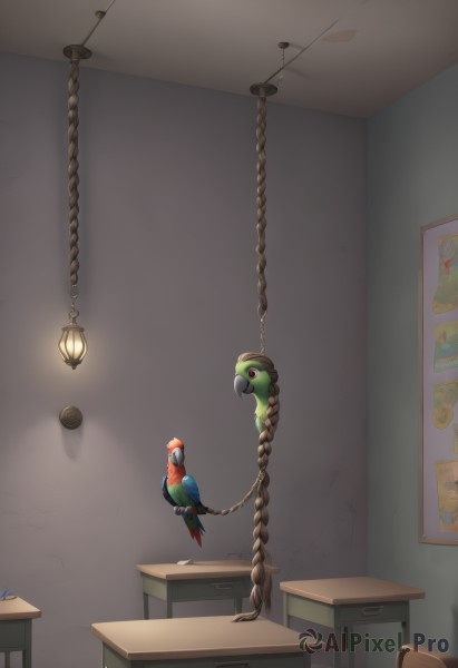 solo,red eyes,indoors,no humans,bird,animal,chair,feathers,rope,desk,classroom,lamp,school desk,chalkboard,beak,ceiling light,virtual youtuber,pokemon (creature),animal focus,light bulb,hanging,noose,parrot