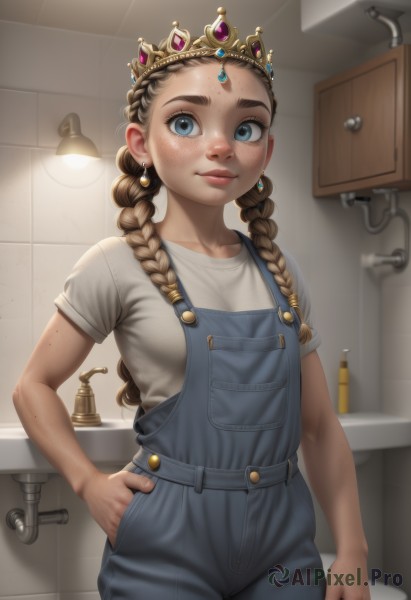 1girl,solo,long hair,looking at viewer,blush,smile,blue eyes,brown hair,shirt,twintails,jewelry,closed mouth,standing,white shirt,braid,short sleeves,cowboy shot,earrings,indoors,twin braids,flat chest,lips,hand on hip,tiara,crown,denim,t-shirt,child,freckles,overalls,bathroom,tile wall,sink,breasts,collarbone,blurry,thick eyebrows,gem,forehead,hand in pocket,realistic,nose,door