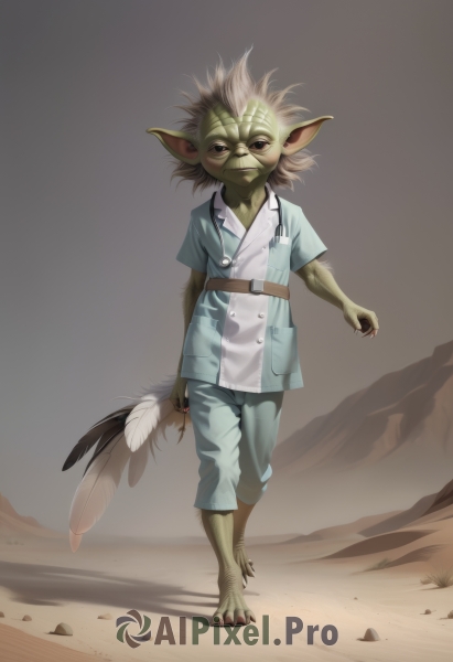 solo,looking at viewer,1boy,holding,brown eyes,standing,tail,full body,male focus,barefoot,pointy ears,colored skin,feathers,claws,furry,furry male,green skin,goblin,shirt,animal ears,closed mouth,short sleeves,outdoors,belt,pants,buttons,watermark,blue shirt,walking,green pants,dust