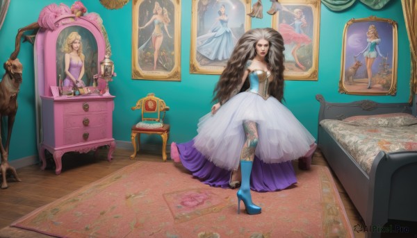 1girl,solo,long hair,breasts,looking at viewer,smile,blonde hair,brown hair,black hair,dress,cleavage,bare shoulders,jewelry,medium breasts,very long hair,standing,flower,multicolored hair,boots,indoors,white dress,high heels,tattoo,makeup,chair,table,lipstick,high heel boots,blue footwear,mirror,painting (object),carpet,shoes,bracelet,bottle,rug,portrait (object),perfume bottle