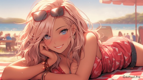 1girl,solo,long hair,breasts,looking at viewer,blush,smile,bangs,blue eyes,blonde hair,large breasts,cleavage,bare shoulders,jewelry,swimsuit,pink hair,ass,heart,earrings,outdoors,lying,parted lips,sky,shorts,teeth,sleeveless,solo focus,day,dark skin,water,necklace,nail polish,grin,blurry,bracelet,lips,fingernails,short shorts,eyelashes,makeup,depth of field,blurry background,ocean,umbrella,beach,piercing,sunglasses,eyes visible through hair,on stomach,towel,ear piercing,bright pupils,eyewear on head,long fingernails,red-framed eyewear,head rest,hoop earrings,pink lips,sand,bangle,stud earrings,beach umbrella,elbow rest,beach towel,lounge chair,medium breasts,bikini,wavy hair,tank top,messy hair,denim shorts,gyaru,beach chair,people