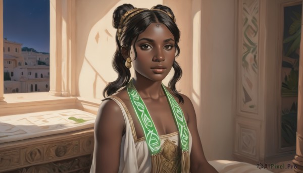 1girl,solo,long hair,breasts,looking at viewer,smile,black hair,dress,cleavage,bare shoulders,brown eyes,jewelry,collarbone,upper body,earrings,small breasts,sky,dark skin,hair bun,black eyes,dark-skinned female,lips,double bun,night,leaf,nose,pillar,very dark skin,balcony,facial mark,piercing,star (sky),night sky,starry sky,forehead mark,realistic