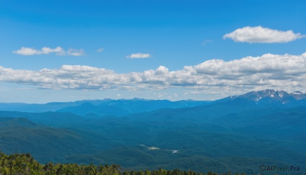 outdoors,sky,day,cloud,tree,blue sky,no humans,cloudy sky,grass,nature,scenery,forest,mountain,horizon,field,landscape,mountainous horizon,hill,signature,water,bird,ocean,lake