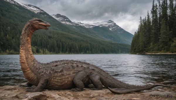 open mouth,tail,outdoors,sky,day,cloud,water,tree,no humans,animal,cloudy sky,nature,scenery,forest,monster,mountain,realistic,dragon,scales,river,dinosaur,godzilla,lying,teeth,sharp teeth,claws,lake,kaijuu