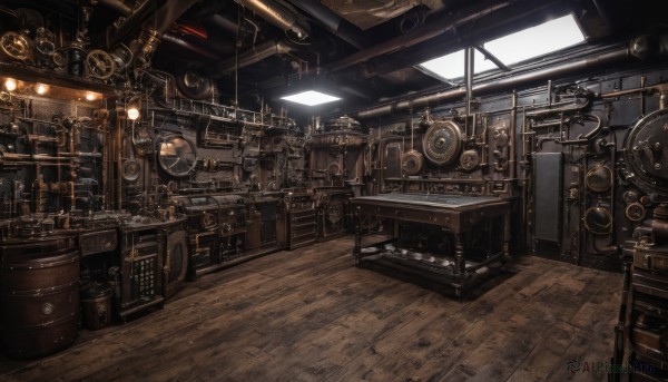 indoors,no humans,window,scenery,science fiction,wooden floor,gears,industrial pipe,steampunk,machine,clock,light,lamp,ceiling light,wooden wall