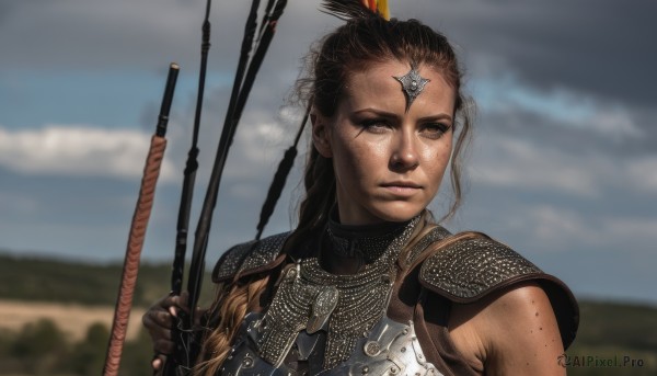 1girl,solo,long hair,looking at viewer,brown hair,hair ornament,holding,brown eyes,closed mouth,upper body,ponytail,weapon,outdoors,sky,sleeveless,day,cloud,holding weapon,armor,blurry,lips,blurry background,polearm,shoulder armor,freckles,pauldrons,spear,bow (weapon),breastplate,realistic,arrow (projectile),chainmail,black hair,gloves,braid,dark skin,fingerless gloves,dark-skinned female