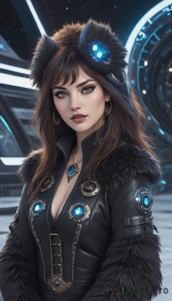 1girl,solo,long hair,breasts,looking at viewer,bangs,brown hair,hair ornament,dress,cleavage,brown eyes,jewelry,medium breasts,jacket,upper body,earrings,parted lips,teeth,artist name,necklace,mole,blurry,black dress,lips,grey eyes,fur trim,eyelashes,makeup,feathers,lipstick,brooch,gem,pendant,eyeshadow,realistic,nose,red lips,black jacket,freckles,eyeliner,fur