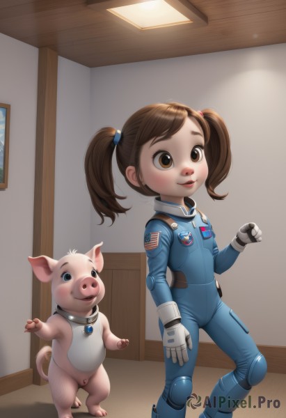 1girl,smile,blue eyes,brown hair,gloves,twintails,brown eyes,standing,indoors,lips,loli,bodysuit,short twintails,pig,spacesuit,blush,boots,white gloves,collar,clenched hands,realistic,nose,badge,jumpsuit