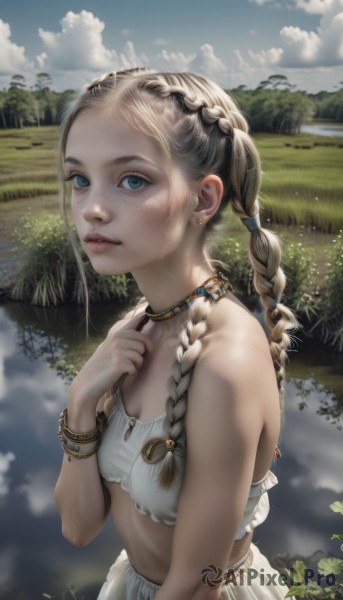 1girl,solo,long hair,breasts,looking at viewer,blue eyes,skirt,blonde hair,bare shoulders,jewelry,upper body,braid,earrings,small breasts,outdoors,parted lips,sky,teeth,day,midriff,cloud,hand up,necklace,twin braids,bracelet,tree,blue sky,lips,white skirt,cloudy sky,grass,nature,hair over shoulder,freckles,realistic,nose,hair ornament,cleavage,twintails,artist name,signature,water,crop top,piercing,forehead,field,lake