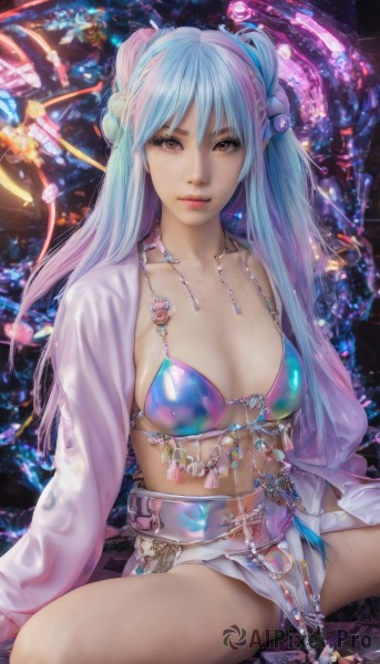 1girl,solo,long hair,breasts,looking at viewer,bangs,hair ornament,navel,cleavage,twintails,brown eyes,jewelry,medium breasts,sitting,closed mouth,underwear,blue hair,collarbone,swimsuit,pink hair,bikini,multicolored hair,spread legs,pink eyes,necklace,lips,bikini top only,realistic,nose,belt,see-through,watermark,gem,blue bikini