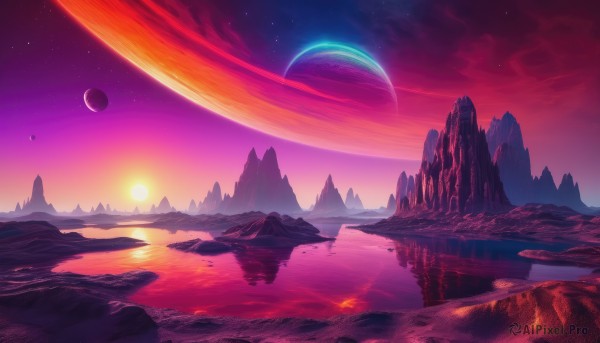 A majestic landscape within a lush sunset outdoors