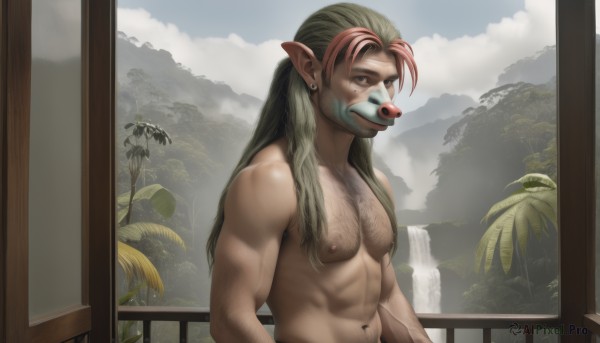 solo,long hair,brown hair,1boy,navel,brown eyes,jewelry,nipples,upper body,male focus,nude,red hair,multicolored hair,earrings,outdoors,green hair,sky,day,pointy ears,cloud,water,stomach,two-tone hair,tree,muscular,facial hair,piercing,abs,thick eyebrows,pectorals,plant,muscular male,ear piercing,bara,beard,large pectorals,topless male,mountain,mature male,realistic,chest hair,navel hair,waterfall,monster boy,arm hair,hairy,blonde hair,pink hair,mask,manly