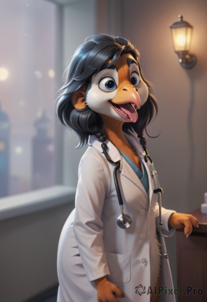 1girl,solo,smile,open mouth,blue eyes,shirt,black hair,long sleeves,standing,braid,cowboy shot,tongue,indoors,tongue out,medium hair,blurry,window,blurry background,thick eyebrows,furry,furry female,labcoat,lamp,body fur,animal nose,snout,stethoscope,furrification,doctor,long hair,breasts,short hair,animal ears,:d,small breasts,teeth,twin braids,coat,buttons,depth of field,lamppost,lights