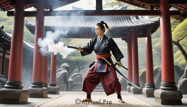 solo,black hair,long sleeves,1boy,holding,standing,full body,ponytail,weapon,male focus,outdoors,japanese clothes,barefoot,day,pants,sword,kimono,holding weapon,tree,sash,facial hair,holding sword,katana,sheath,hakama,smoke,dual wielding,sheathed,rock,scabbard,torii,architecture,east asian architecture,topknot,fog,samurai,stone lantern,1girl,short hair,closed mouth,wide sleeves,obi,scenery,short ponytail,fighting stance,black kimono,statue