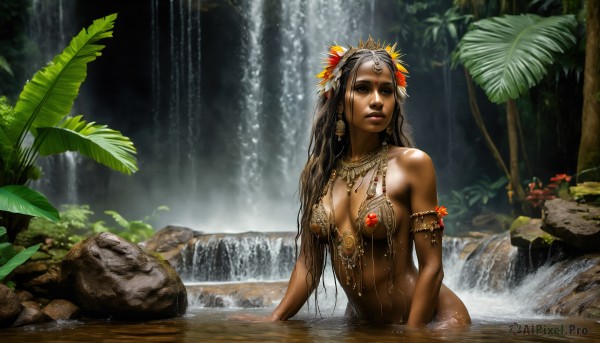 HQ,1girl,solo,long hair,breasts,brown hair,black hair,hair ornament,navel,cleavage,bare shoulders,brown eyes,jewelry,medium breasts,upper body,flower,earrings,outdoors,parted lips,dark skin,water,necklace,dark-skinned female,tree,lips,wet,leaf,plant,nature,armlet,forest,partially submerged,circlet,rock,realistic,nose,headdress,waterfall,tribal,large breasts,nude,feathers