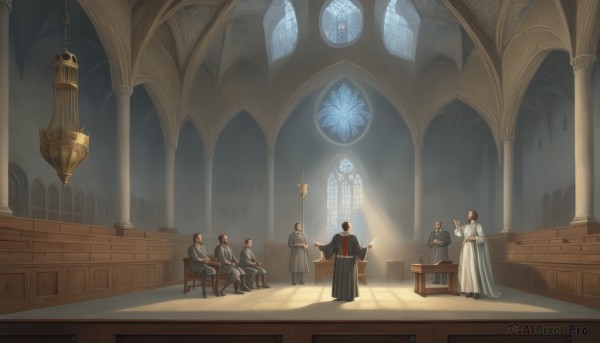 1girl,short hair,multiple girls,brown hair,black hair,long sleeves,dress,holding,sitting,standing,multiple boys,pants,indoors,hood,wide sleeves,black footwear,white dress,book,window,chair,table,sunlight,staff,scenery,cloak,faceless,6+boys,robe,light rays,stairs,candle,wide shot,pillar,statue,white robe,church,arch,candlestand,black robe,chandelier,column,hooded robe,chalice,long hair,blonde hair,weapon,chain,bench,architecture,throne,carpet