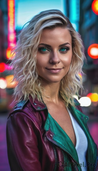 1girl,solo,long hair,breasts,looking at viewer,smile,blue eyes,blonde hair,shirt,closed mouth,green eyes,jacket,white shirt,upper body,multicolored hair,small breasts,open clothes,medium hair,blurry,two-tone hair,aqua eyes,open jacket,lips,depth of field,blurry background,realistic,nose,unzipped,leather,leather jacket,artist name,makeup,lipstick,eyeshadow,freckles,bokeh