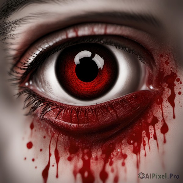 solo,looking at viewer,red eyes,1boy,male focus,tears,eyelashes,blood,crying,close-up,1other,crying with eyes open,blood on face,one-eyed,blood splatter,horror (theme),bleeding,eye focus,blood from eyes,black hair,black eyes,reflection,eyeball,extra eyes,guro