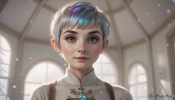 1girl,solo,looking at viewer,smile,short hair,bangs,shirt,brown eyes,jewelry,white shirt,upper body,grey hair,earrings,parted lips,artist name,indoors,blurry,lips,eyelashes,window,blurry background,portrait,snow,freckles,snowing,realistic,nose,blue hair,fur trim,makeup,thick eyebrows,lipstick,backlighting,red lips,stud earrings,snowflakes,very short hair