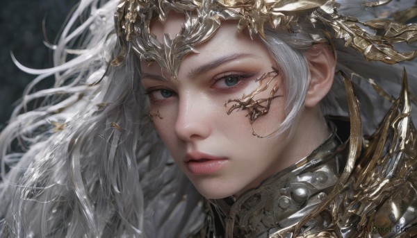 1girl,solo,long hair,looking at viewer,blue eyes,white hair,grey hair,parted lips,artist name,armor,blurry,lips,grey eyes,eyelashes,floating hair,blurry background,shoulder armor,portrait,close-up,freckles,realistic,nose,closed mouth,expressionless,headpiece,gold