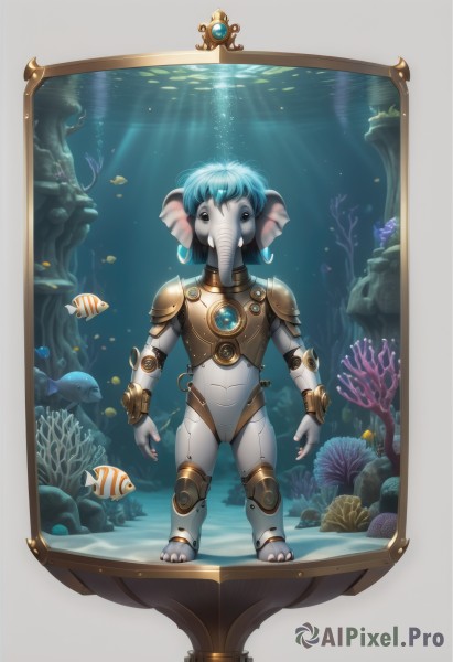 1girl,solo,looking at viewer,short hair,blue hair,standing,full body,nail polish,armor,colored skin,gem,fish,bubble,toenails,light rays,underwater,arms at sides,android,joints,air bubble,head fins,grey skin,shell,fins,turtle,coral,fish girl,seaweed,jewelry,artist name,water,no humans,watermark,furry,white skin,rock,mermaid,robot joints,submerged