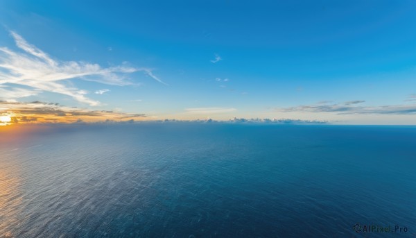 outdoors,sky,day,cloud,water,blue sky,no humans,bird,ocean,sunlight,cloudy sky,scenery,reflection,sunset,sun,horizon,landscape,gradient sky,sunrise,beach