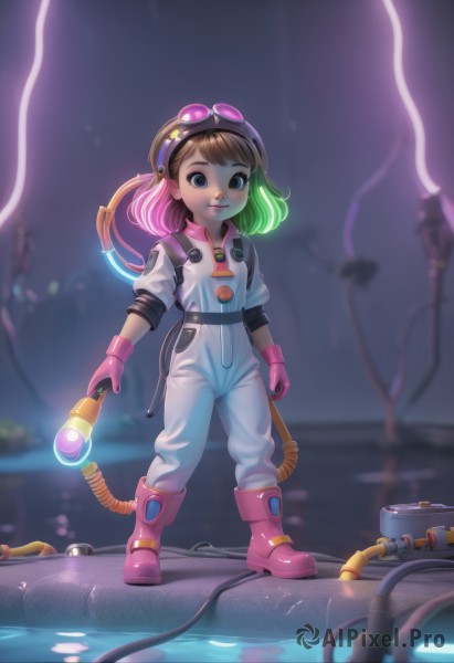 1girl,solo,looking at viewer,smile,short hair,bangs,blue eyes,brown hair,gloves,holding,closed mouth,standing,full body,pink hair,multicolored hair,boots,green hair,pants,medium hair,star (symbol),blurry,black eyes,lips,gradient hair,blurry background,glowing,goggles,child,sleeves rolled up,goggles on head,pink footwear,female child,overalls,cable,pink gloves,jumpsuit,hose,rubber boots,tube,bodysuit,helmet,science fiction,wrench,spacesuit,wire