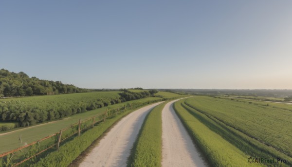 outdoors,sky,day,tree,blue sky,no humans,grass,nature,scenery,mountain,fence,road,field,bridge,river,landscape,path,hill,forest,bush