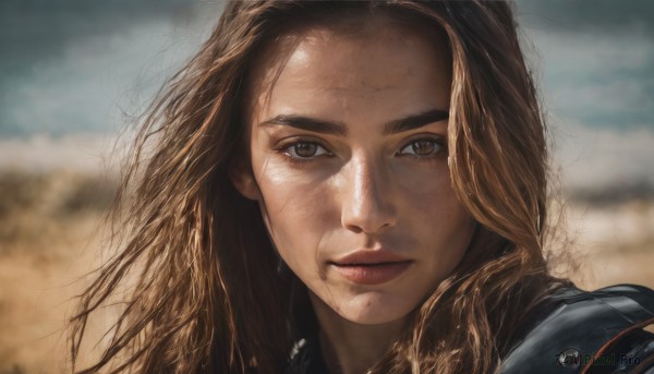 1girl,solo,long hair,looking at viewer,brown hair,brown eyes,closed mouth,outdoors,sky,day,blurry,lips,depth of field,blurry background,portrait,forehead,freckles,realistic,nose,dirty,cloud,thick eyebrows,cloudy sky,wind,close-up,dirty face