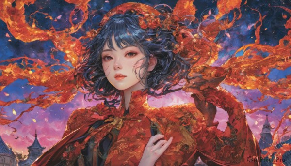 A dragon surrounded by a captivating fiery outdoors
