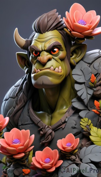 solo,looking at viewer,black hair,red eyes,1boy,closed mouth,collarbone,upper body,flower,male focus,horns,teeth,pointy ears,armor,colored skin,facial hair,fangs,thick eyebrows,red flower,portrait,colored sclera,black sclera,green skin,mohawk,orc,tusks,brown hair,hair ornament,grey background,muscular,yellow sclera,monster boy,goblin