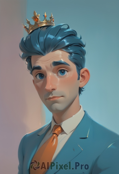 solo,looking at viewer,short hair,bangs,blue eyes,shirt,1boy,closed mouth,blue hair,jacket,white shirt,upper body,male focus,necktie,shiny,collared shirt,shiny hair,gradient,gradient background,blue background,formal,suit,crown,blue jacket,red necktie,portrait,hair slicked back,simple background,artist name,tears,signature,lips,facial hair,thick eyebrows,freckles,realistic,orange necktie