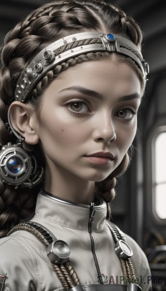 1girl,solo,long hair,looking at viewer,brown hair,brown eyes,jewelry,closed mouth,upper body,braid,artist name,mole,blurry,twin braids,lips,mole under eye,blurry background,portrait,zipper,freckles,circlet,realistic,multiple braids,black hair,hairband,earrings,indoors,eyelashes,headband,forehead,nose