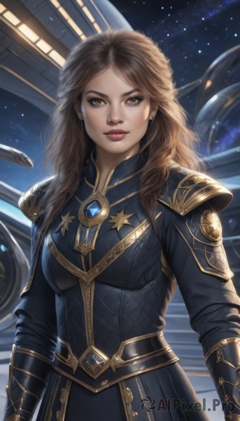 1girl,solo,long hair,breasts,looking at viewer,brown hair,long sleeves,dress,brown eyes,jewelry,closed mouth,standing,upper body,earrings,sky,artist name,armor,black dress,lips,makeup,night,wavy hair,shoulder armor,gauntlets,gem,star (sky),night sky,starry sky,pauldrons,gold trim,breastplate,realistic,nose,space,medium breasts,science fiction,planet,spacecraft